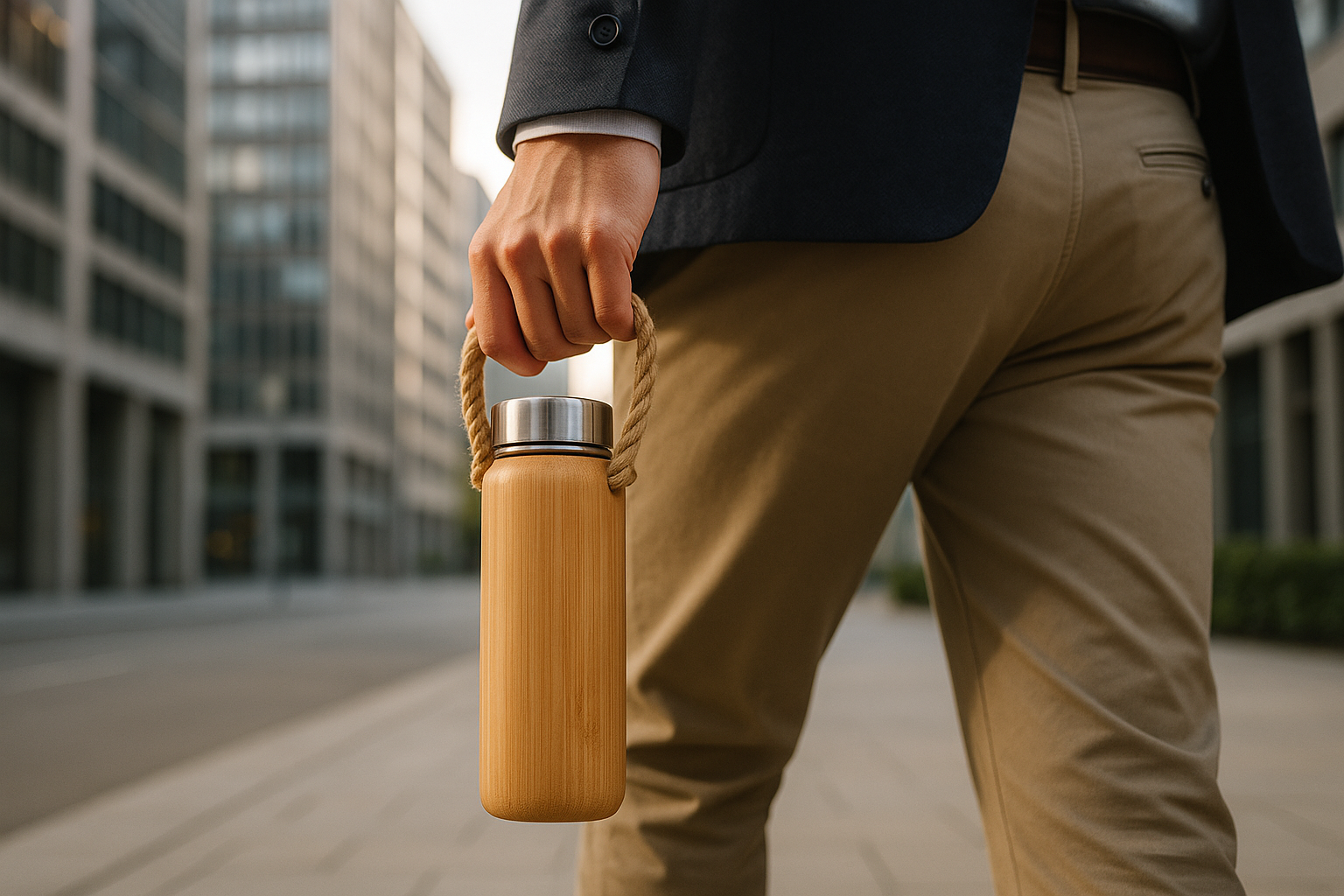 bamboo water bottle with a rope handle on a person's hand going to work 